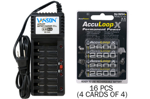 V-868 8 Bay AA & AAA Charger + 16 AA (2600 mAh) NiMH AccuPower AccuLoop-X Batteries