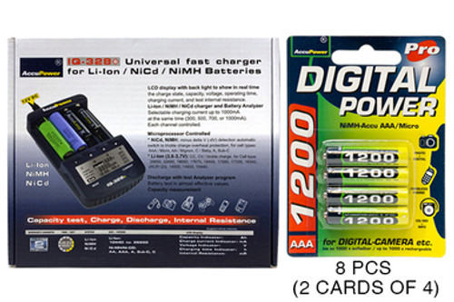 IQ-328 AA / AAA LCD Charger + 8 AAA AccuPower Micro NiMH Batteries (1200 mAh)