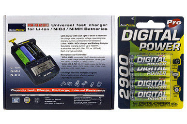AccuPower IQ-328 AA/AAA LCD charger with four AA batteries