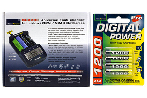 IQ-328 AA / AAA LCD Charger + 4 AAA AccuPower Micro NiMH Batteries (1200 mAh)