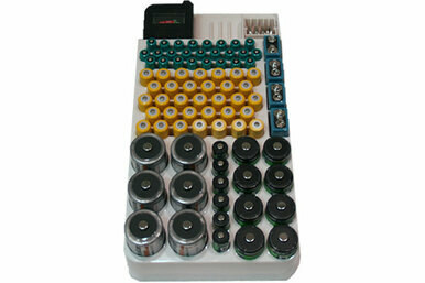 Battery rack with built-in tester for organizing 82 batteries