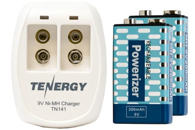 2 Bay 9 Volt Smart Battery Charger + 2 x 9 Volt NiMH Batteries (200 mAh)