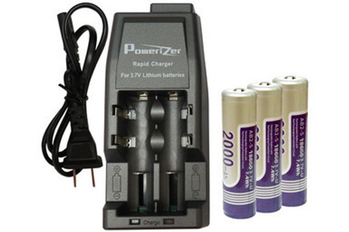 Li-Ion Charger (2 Slot) + 3 x 18650 3.6V Li-Ion Button Top Batteries (2000 mAh)