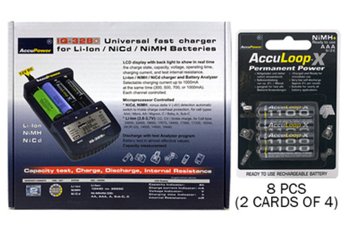IQ-328 AA / AAA LCD Charger + 8 AAA (1100 mAh) AccuPower AccuLoop-X NiMH Batteries