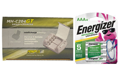Powerex MH-C204GT charger with four Energizer AAA NiMH batteries