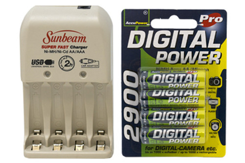 Sunbeam AA / AAA Charger + 4 AA AccuPower NiMH Batteries (2900 mAh)