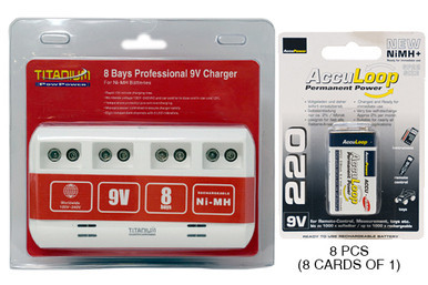 Titanium 8 bay 9 volt smart charger with eight AccuLoop batteries