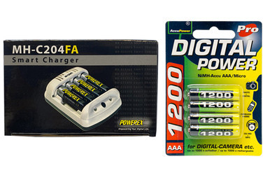Powerex MH-C204FA smart charger with four AAA NiMH batteries
