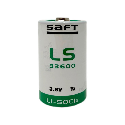 Saft LS33600 battery standing upright on white background