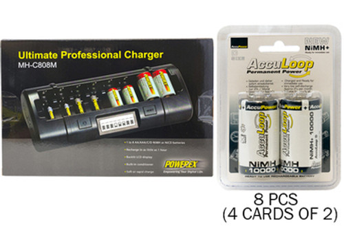 8 Bay LCD Charger + 8 D NiMH AccuPower AccuLoop Batteries (10000 mAh)