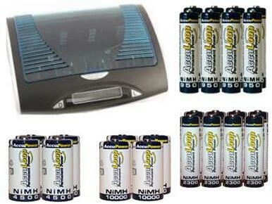Super Universal LCD Charger  + 8 AA (2600 mAh) + 8 AAA (1100 mAh) + 4 C (4500 mAh) + 4 D (10000 mAh) NiMH Batteries