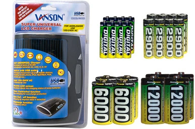Universal LCD Charger + 8 AA (2900 mAh) + 8 AAA (1200 mAh) + 4 C (6000 mAh) + 4 D (12000 mAh) AccuPower NiMH Batteries