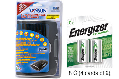 Vanson universal LCD charger with eight Energizer C rechargeable batteries