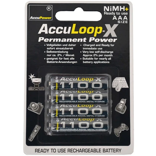 AAA AccuPower AccuLoop-X 1100 mAh NiMH rechargeable batteries pack