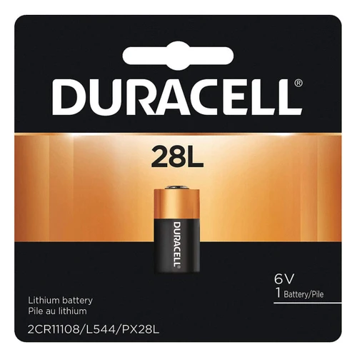Front view of Duracell 28L 6 Volt Lithium Battery in packaging