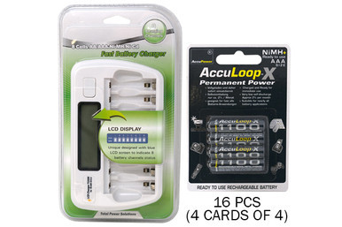 8 bay AA/AAA LCD battery charger with 16 AAA batteries