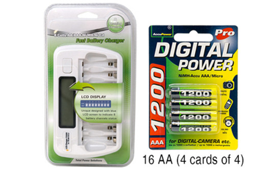 8 Bay AA / AAA LCD Charger + 16 AAA AccuPower NiMH Batteries (1200 mAh)