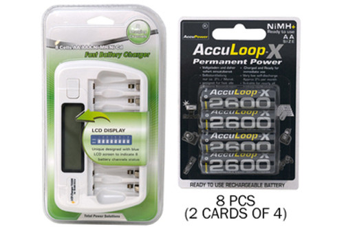 8 Bay AA / AAA LCD Battery Charger + 8 AA 2600 mAh AccuLoop-X NiMH Batteries