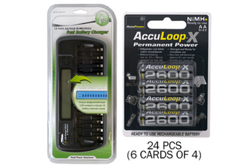 12 Bay AA / AAA LCD Battery Charger + 24 AA 2600 mAh AccuLoop-X NiMH Batteries