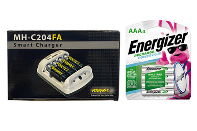 Powerex MH-C204FA smart charger with four Energizer AAA NiMH batteries