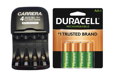 Carrera V3299USB slim AA AAA charger with four Duracell batteries