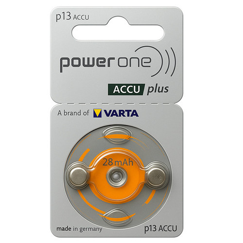 PowerOne ACCU Plus Size 13 rechargeable hearing aid batteries, 2 card pack