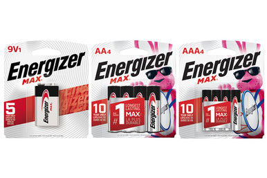 Energizer MAX alkaline battery combo pack with AA, AAA, and 9 Volt cards