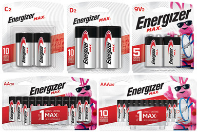 Energizer MAX alkaline battery combo pack with assorted sizes on cards
