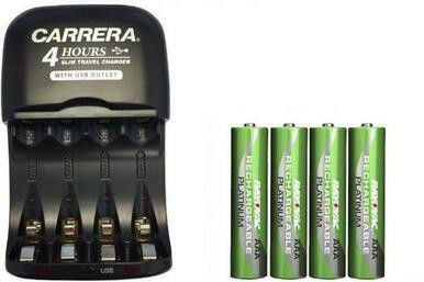 Carrera V3299USB slim travel charger with 4 Rayovac AAA batteries