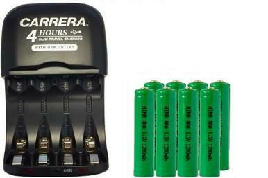 Carrera V3299USB slim travel charger with eight AAA NiMH batteries