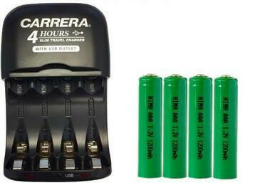 Slim V3299USB AA/AAA NiMH travel charger with four AAA batteries