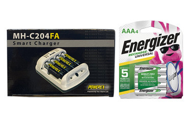 Powerex MH-C204FA smart charger with four Energizer AAA NiMH batteries