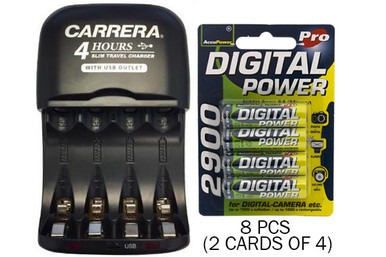 Carrera V3299USB smart travel charger with eight AccuPower AA batteries