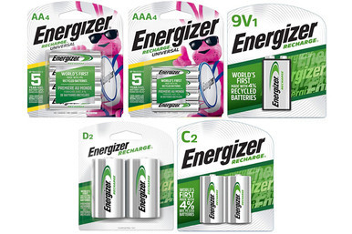 Energizer rechargeable NiMH battery combo pack with AA, AAA, C, D, and 9V batteries