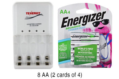 Tenergy 4-bay AA/AAA smart charger with eight Energizer AA batteries