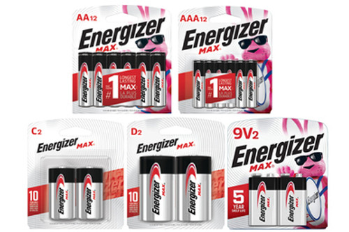 12 AA + 12 AAA + 2 C + 2 D + 2  9 Volt Energizer MAX Alkaline Battery Combo (On Cards)