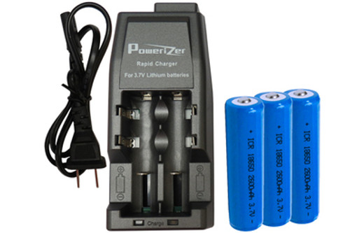 Li-Ion Charger (2 Slot) + 3 x 18650 3.6V Li-Ion Button Top Batteries (2600 mAh)