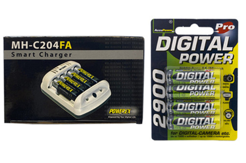 Powerex MH-C204FA AA / AAA Smart Charger & 4 x AA NiMH AccuPower Rechargeable Batteries (2900 mAh)