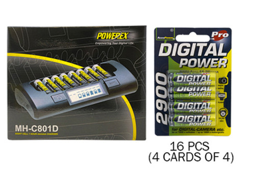 Powerex MH-C801D Eight Slot Smart Charger & 16 AA NiMH AccuPower Batteries (2900 mAh)