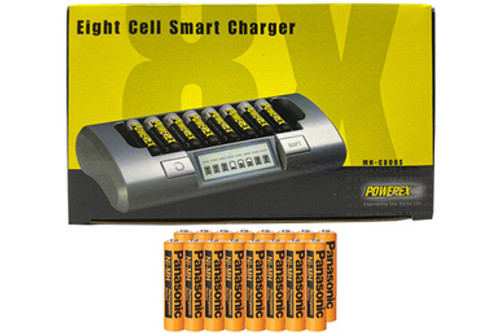 Powerex MH-C800S Eight Slot Smart Charger & 16 AAA Panasonic 700 mAh NiMH Rechargeable Batteries (Low Discharge)