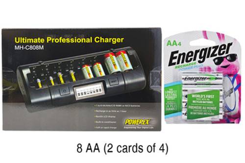 Powerex MH-C808M 8 Bay LCD Charger + 8 AA Energizer Recharge NH15BP4 NiMH 2300 mAh Batteries