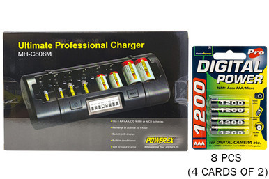Powerex MH-C808M 8-bay LCD charger with eight AccuPower AAA batteries