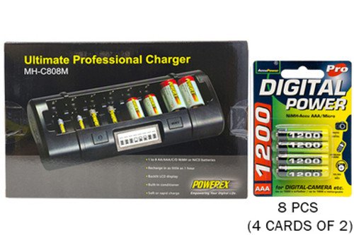 Powerex MH-C808M 8 Bay LCD Charger + 8 AAA NiMH AccuPower Micro Batteries (1200 mAh)