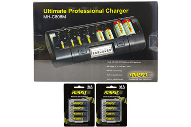 Powerex MH-C808M 8-bay LCD charger with eight AA rechargeable batteries