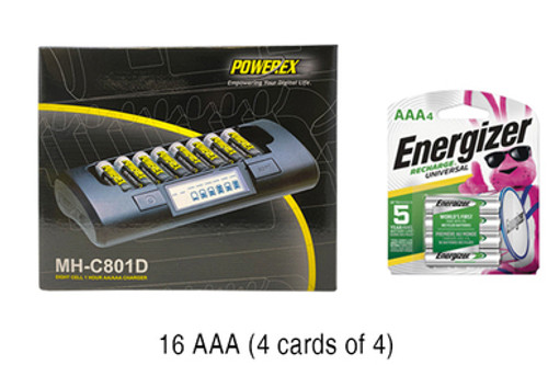 Powerex MH-C801D 8-Cell Charger & 16 AAA NiMH Energizer 800 mAh Batteries (Low Discharge)