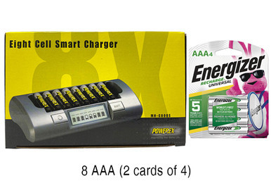 Powerex MH-C800S eight-slot smart charger with eight AAA Energizer batteries