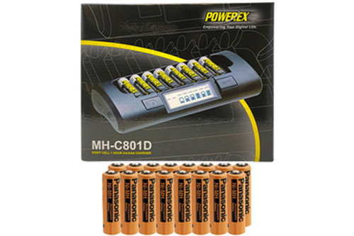 Powerex MH-C801D Eight Slot Smart Charger & 16 AA NiMH Panasonic 2000 mAh Rechargeable Batteries (Industrial Eneloop)