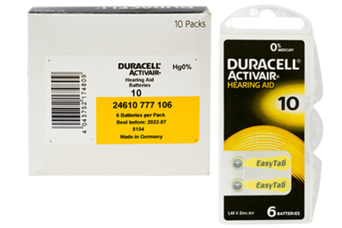 Size 10 Duracell Activair (DA10) Easy Tab Hearing Aid Batteries (60 pcs - 1 Box)