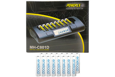 Powerex MH-C801D eight-slot smart charger with 16 Panasonic Eneloop AA batteries