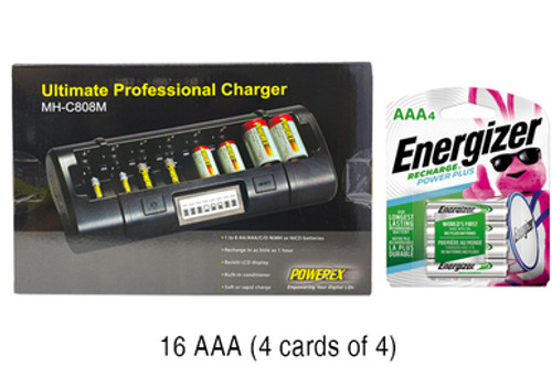 Powerex MH-C808M 8 Bay LCD Charger + 16 AAA NiMH Energizer 800 mAh Batteries (Low Discharge)